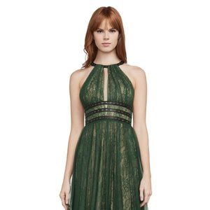BCBG Green Lace Halter Maxi Gown with leather detail